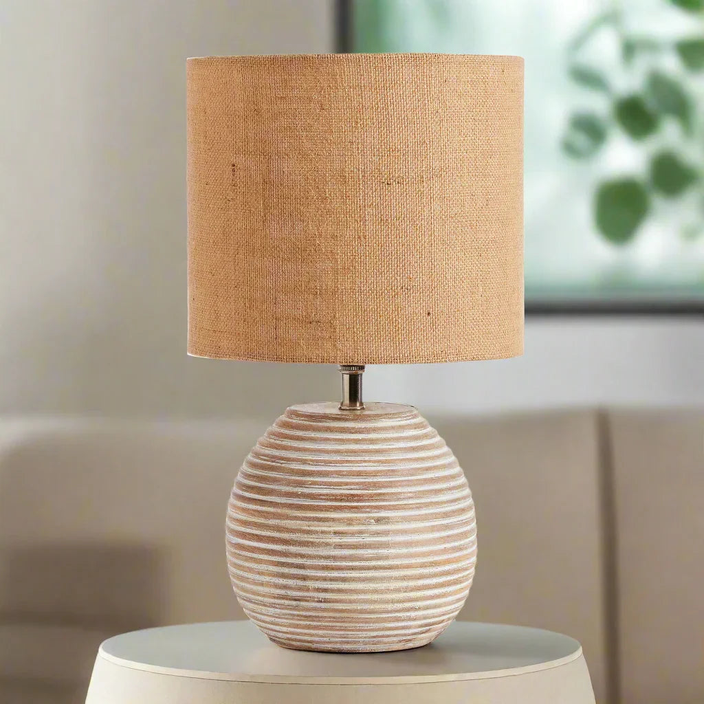 Rustic Mango Wood Table Lamp with Linen Shade Vintage Shopper