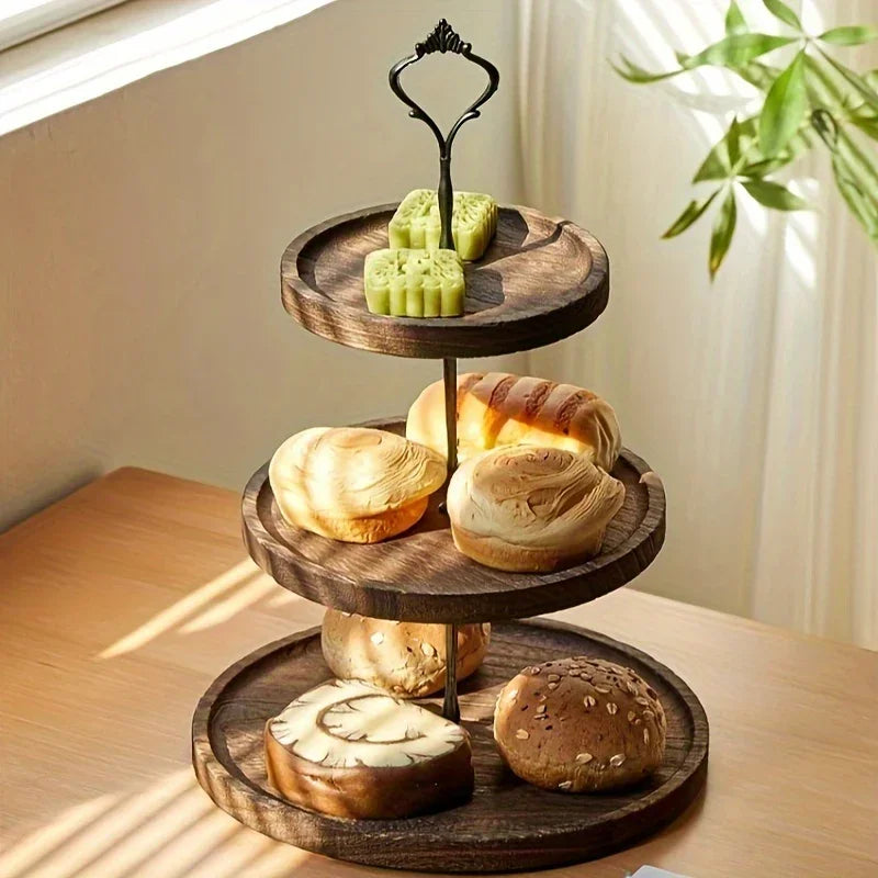 Rustic Wood 3-Tier Cake Stand, Round Wooden Serving Tray with Handle, Multipurpose Dessert Display, Elegant Tiered Cupcake Holder for Parties and Display - House Of Avana