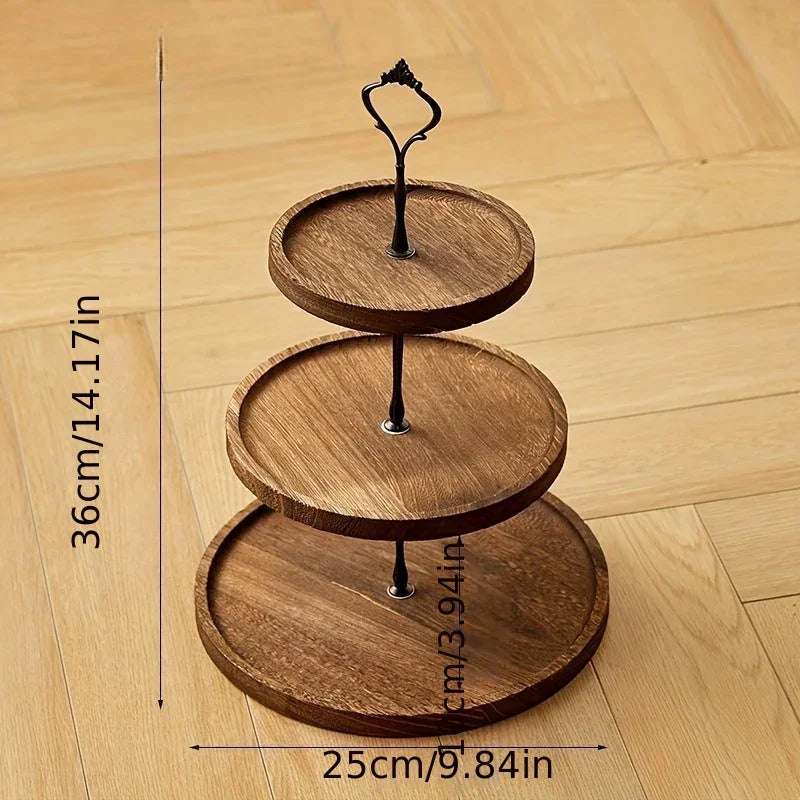 Rustic Wood 3-Tier Cake Stand, Round Wooden Serving Tray with Handle, Multipurpose Dessert Display, Elegant Tiered Cupcake Holder for Parties and Display - House Of Avana