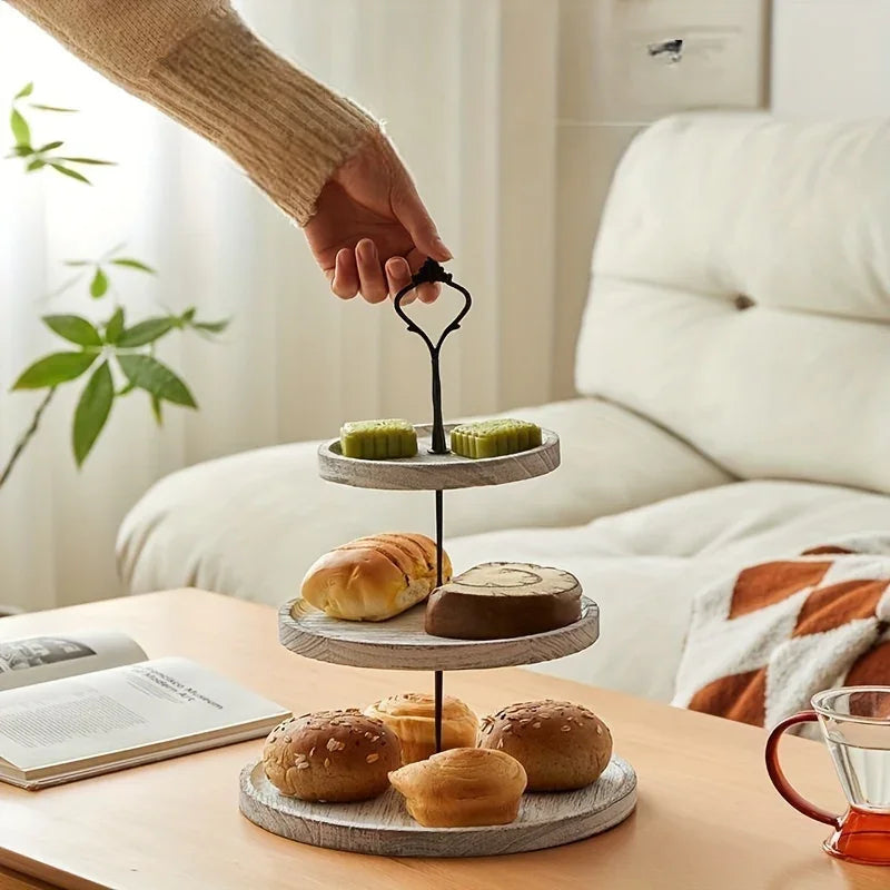 Rustic Wood 3-Tier Cake Stand, Round Wooden Serving Tray with Handle, Multipurpose Dessert Display, Elegant Tiered Cupcake Holder for Parties and Display - House Of Avana