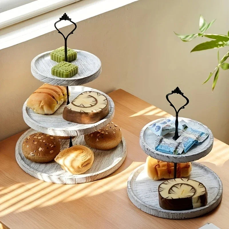 Rustic Wood 3-Tier Cake Stand, Round Wooden Serving Tray with Handle, Multipurpose Dessert Display, Elegant Tiered Cupcake Holder for Parties and Display - House Of Avana