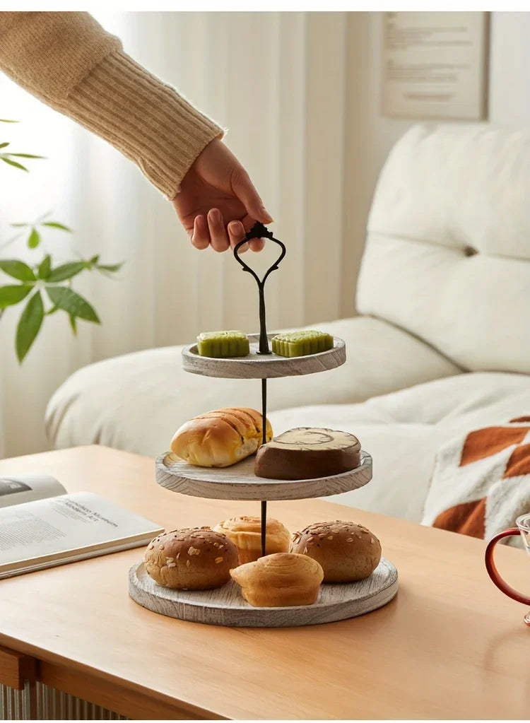 Rustic Wood 3-Tier Cake Stand, Round Wooden Serving Tray with Handle, Multipurpose Dessert Display, Elegant Tiered Cupcake Holder for Parties and Display - House Of Avana