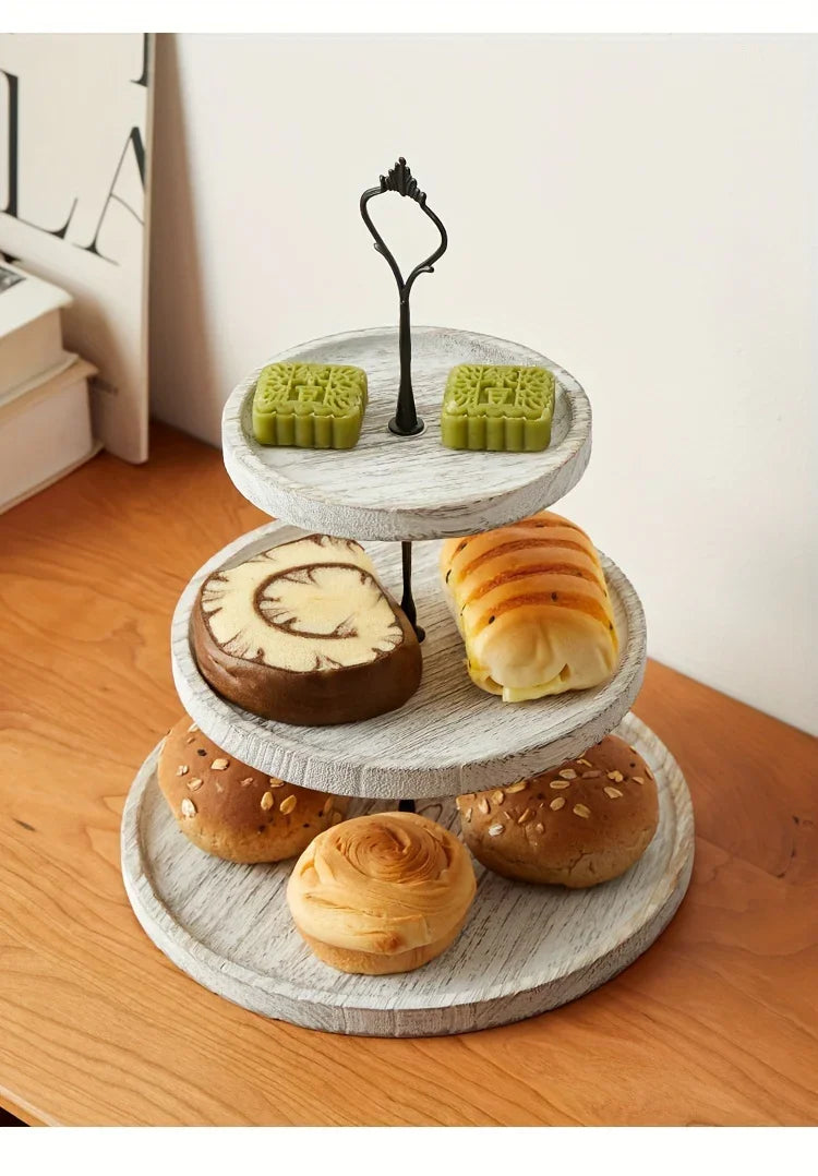 Rustic Wood 3-Tier Cake Stand, Round Wooden Serving Tray with Handle, Multipurpose Dessert Display, Elegant Tiered Cupcake Holder for Parties and Display - House Of Avana