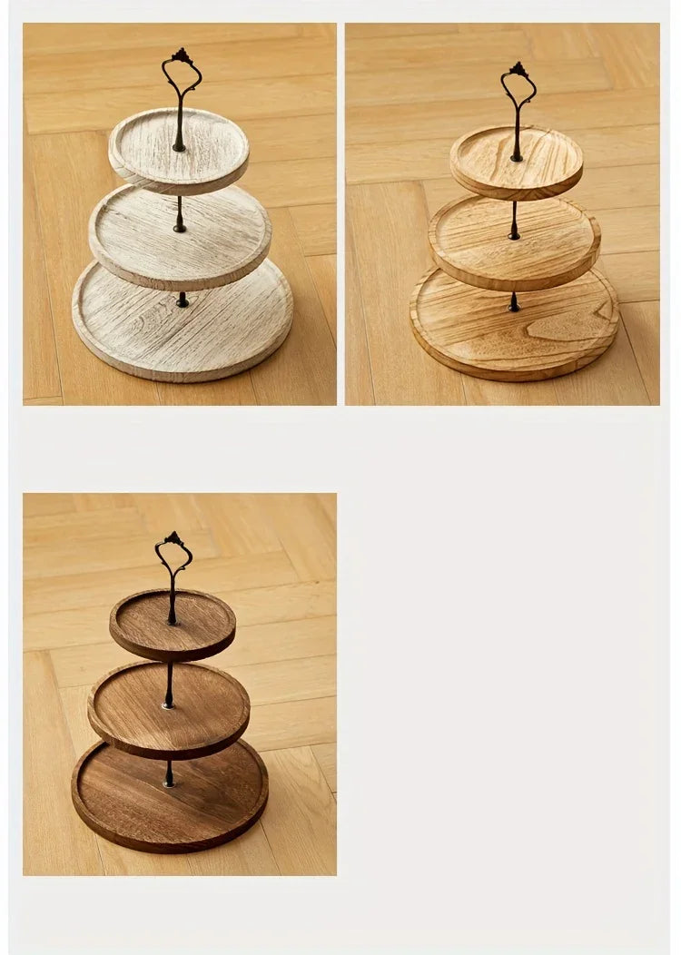 Rustic Wood 3-Tier Cake Stand, Round Wooden Serving Tray with Handle, Multipurpose Dessert Display, Elegant Tiered Cupcake Holder for Parties and Display - House Of Avana