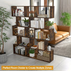 5-tier Geometric S-shaped Bookcase, Rustic Wooden Room Divider Storage Display Shelf, 62.5" Tall... - House Of Avana