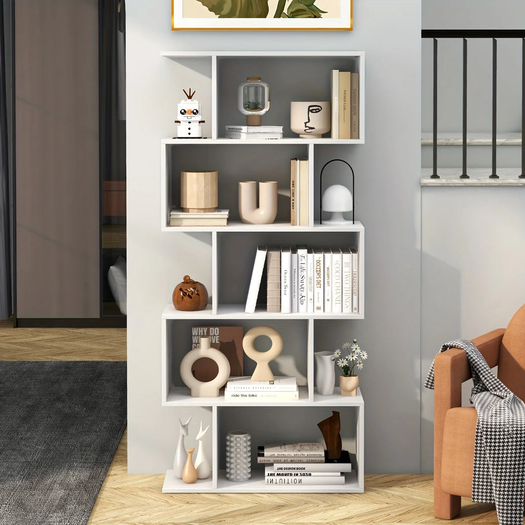 5-tier Geometric S-shaped Bookcase, Rustic Wooden Room Divider Storage Display Shelf, 62.5" Tall... - House Of Avana