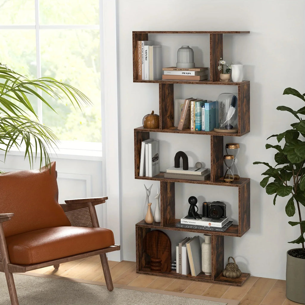 5-tier Geometric S-shaped Bookcase, Rustic Wooden Room Divider Storage Display Shelf, 62.5" Tall... - House Of Avana