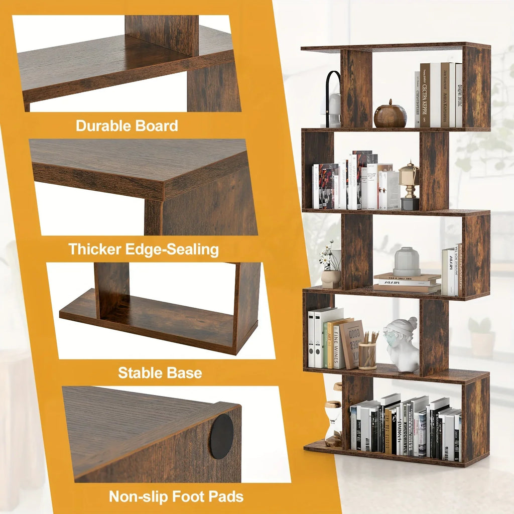 5-tier Geometric S-shaped Bookcase, Rustic Wooden Room Divider Storage Display Shelf, 62.5" Tall... - House Of Avana