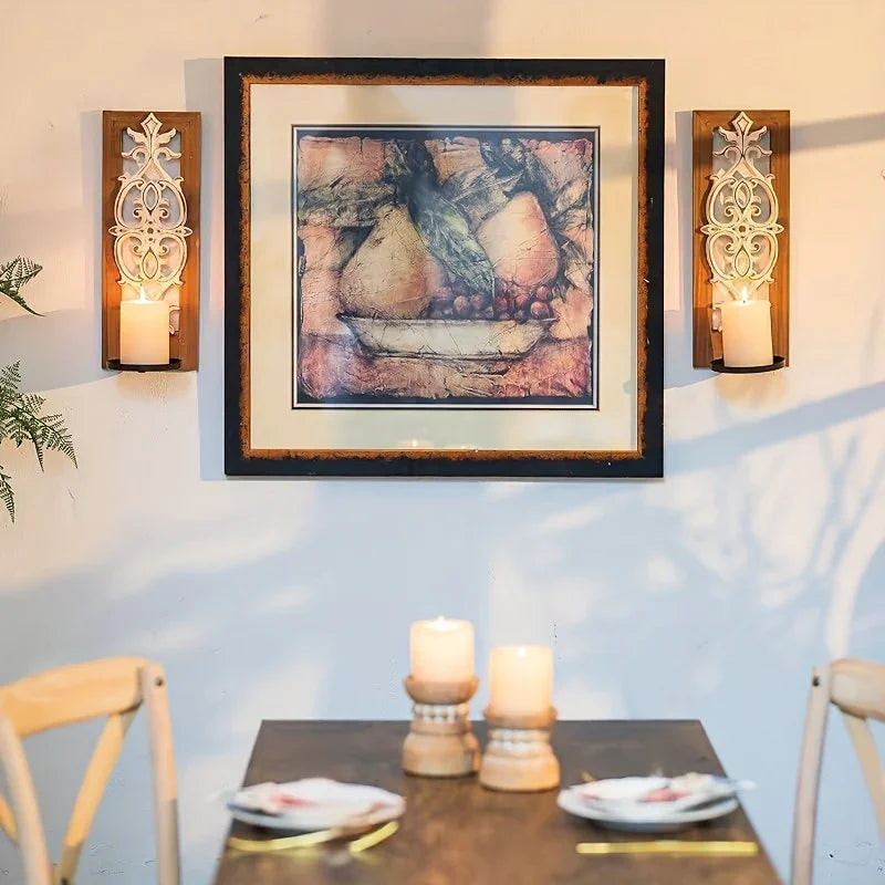 Rustic brown wood candle sconces, distressed carved wall decor - House of Avana