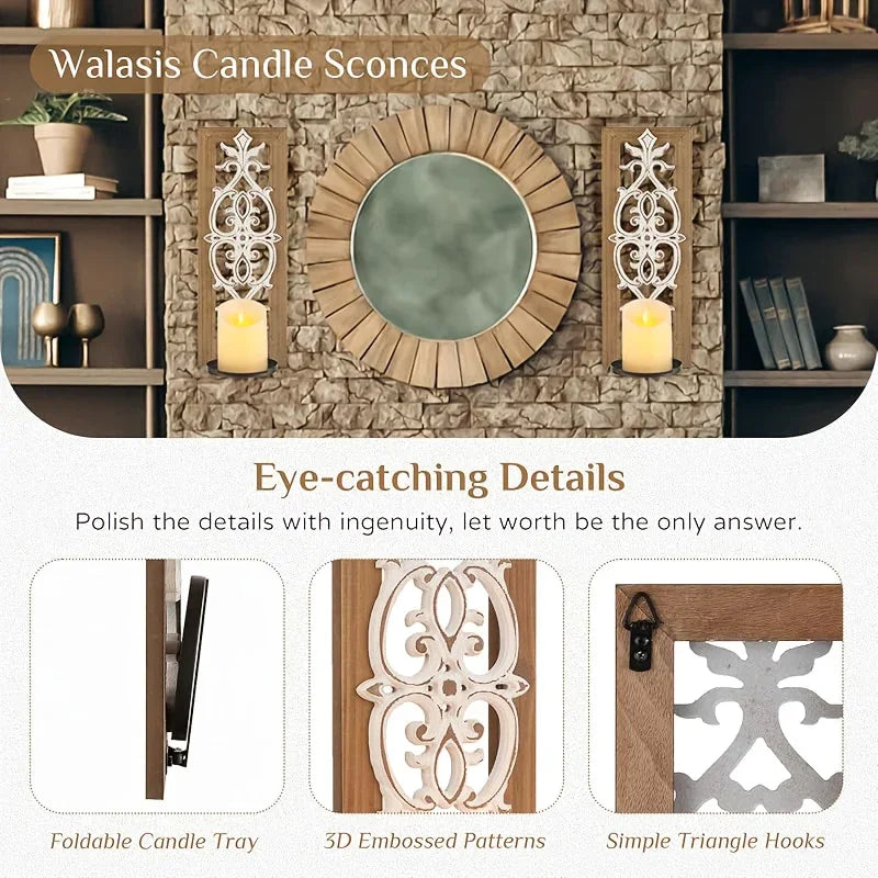 Rustic brown wood candle sconces, distressed carved wall decor - House of Avana