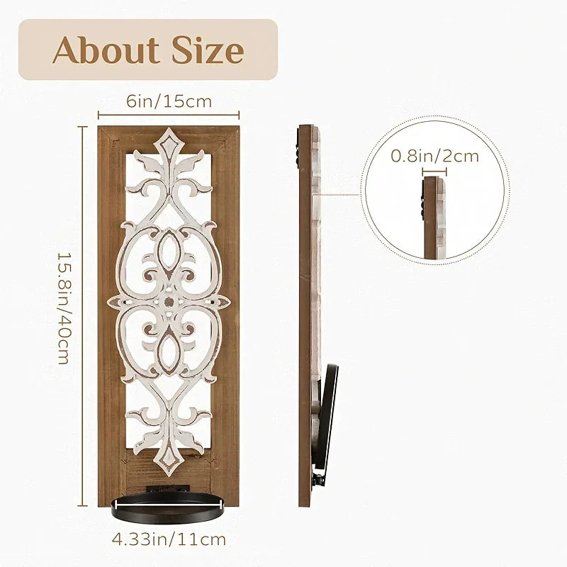 Rustic brown wood candle sconces, distressed carved wall decor - House of Avana