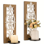Rustic brown wood candle sconces, distressed carved wall decor - House of Avana