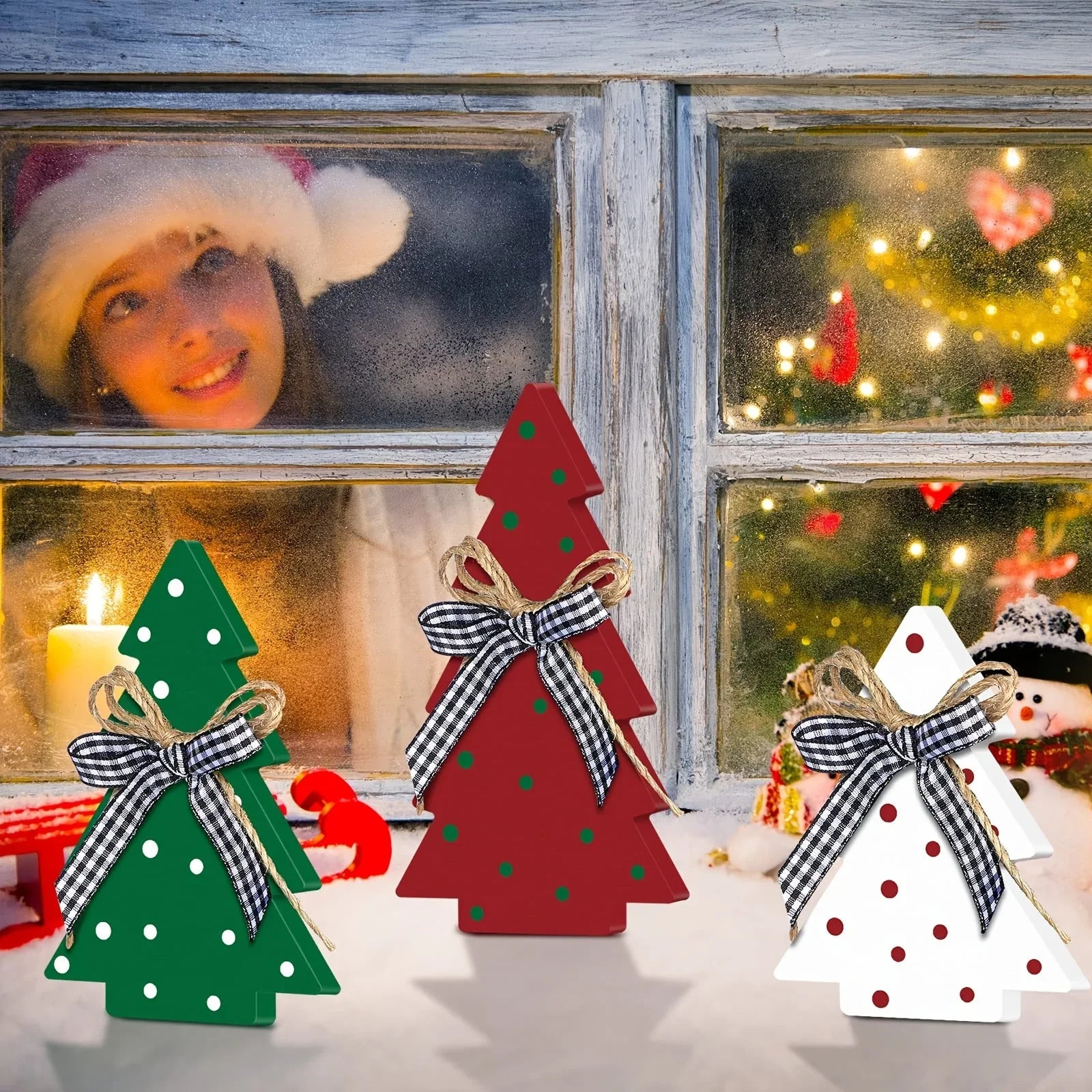 Christmas Tiered Tray Decoration Set - 3pcs Rustic Wooden Christmas Tree Design with Polka Dot Elements Table Centerpieces - Farmhouse Style Freestanding Display for Coffee Bar, Dining Table, Fireplace Mantel, Living Room Boo House Of Avana