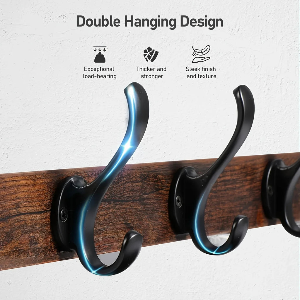 Rustic wooden coat rack with double hooks and shelves, natural wood tone - House of Avana
