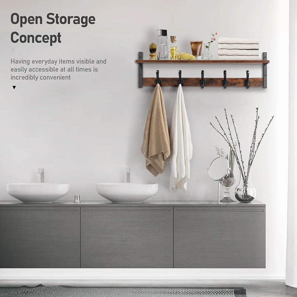 Rustic wooden coat rack with double hooks and shelves, natural wood tone - House of Avana