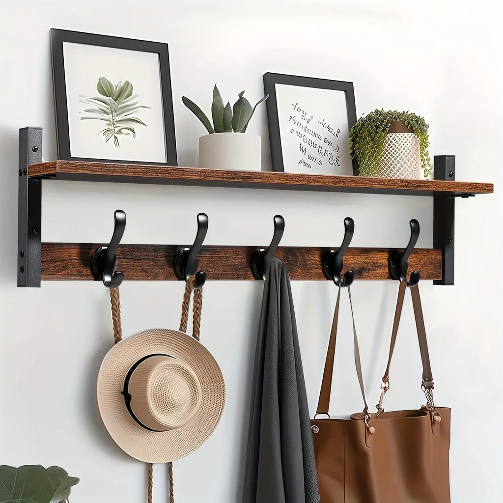 Rustic wooden coat rack with double hooks and shelves, natural wood tone - House of Avana