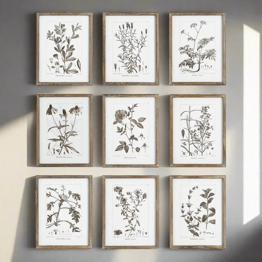 Rustic Botanical Sepia Wall Art Prints (Set of 9) Vintage Shopper
