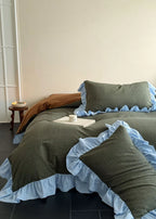 Sadie Gingham Lace Ruffle Bedding Set / Green Ever Lasting