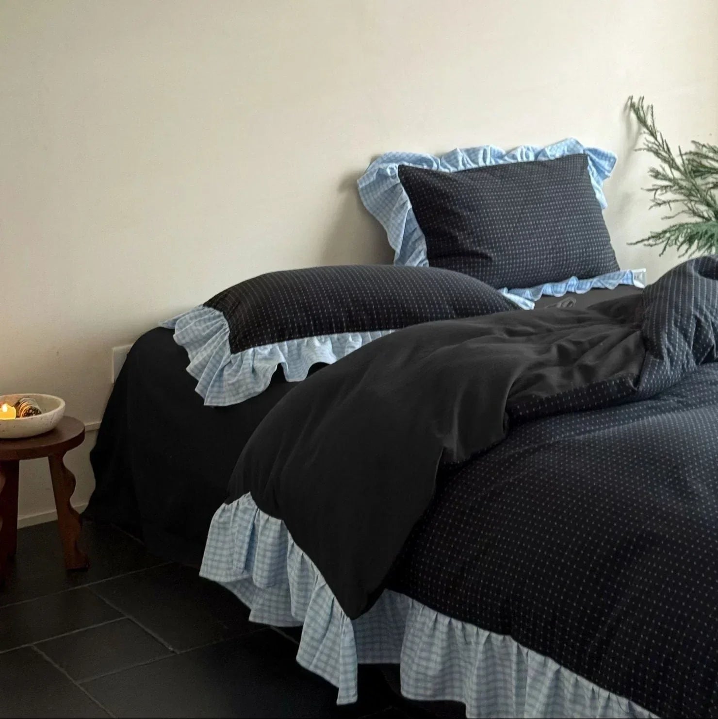 Sadie Gingham Lace Ruffle Bedding Set / Green Ever Lasting