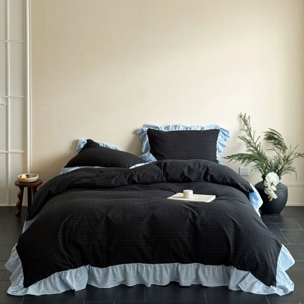 Sadie Gingham Lace Ruffle Bedding Set / Green Ever Lasting