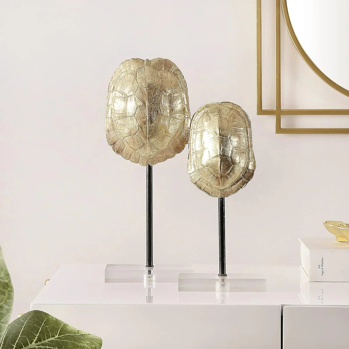 SAFAVIEH (Labeled as Eris) Set of 2 Golden Faux Turtle Shell Table Decor - Large & Small Tortoise-like Shells with Etched Scales, Base, Vintage Wedding & Home Centerpiece, Fully Assembled Plastic Replica (No Assembly Required House Of Avana