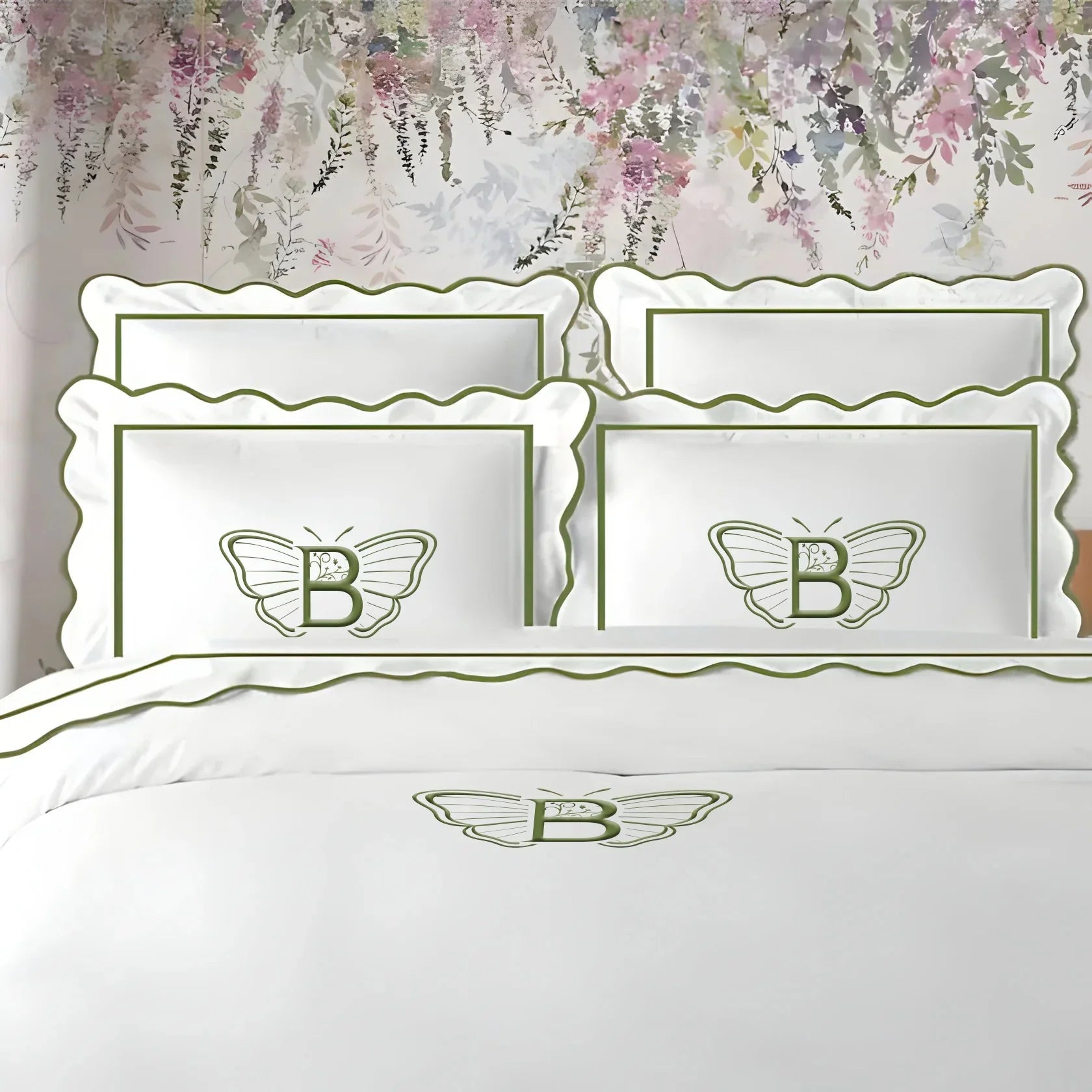 Monogram 400TC Cotton Scallop Embroidery & Border Sateen Solid Duvet Cover Set PushpLinen