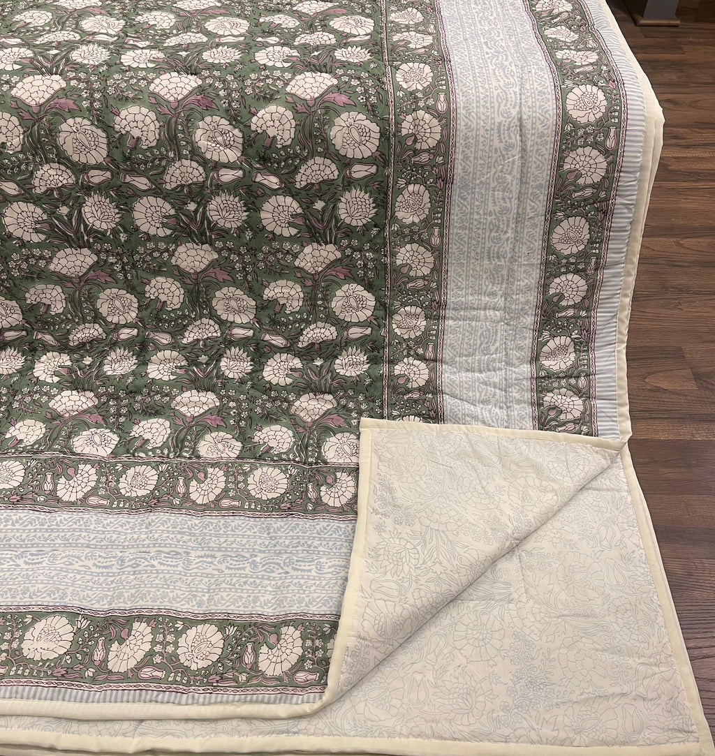 Cream & Golden Yellow Rust Jaipur Indian hand block print floral quilted comforter | Jaipur Indian hand block print cotton muslin quilted comforter | Sanganer floral block print bedding | Queen King size quilt India | House of Avana