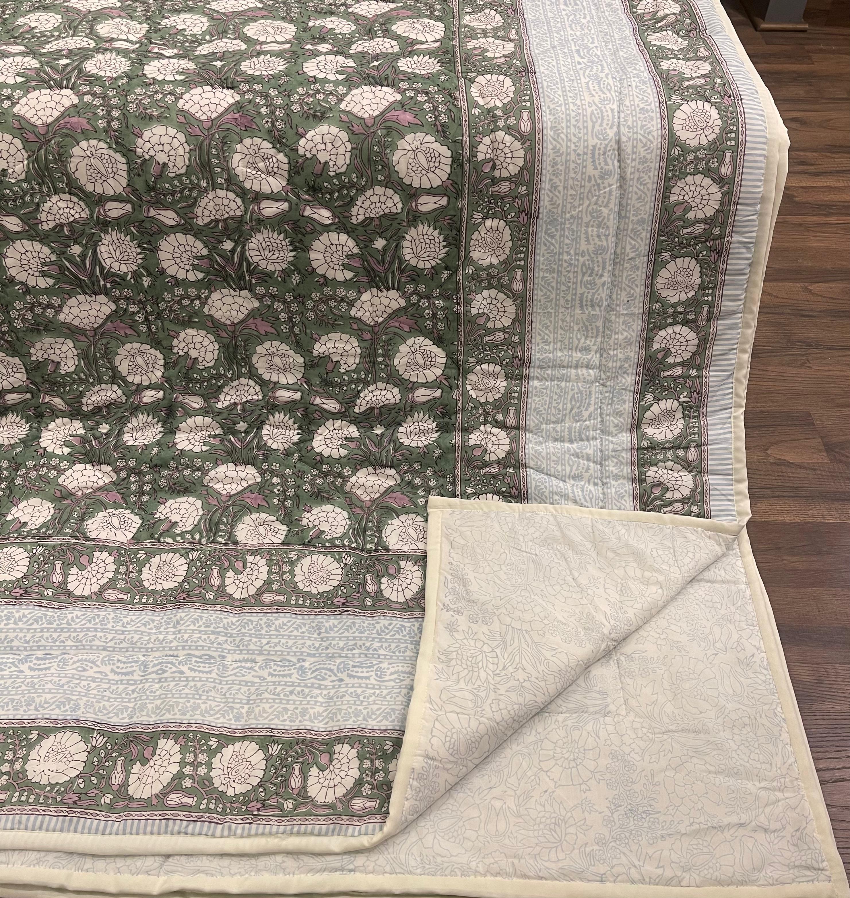 Cream & Golden Yellow Rust Jaipur Indian hand block print floral quilted comforter | Jaipur Indian hand block print cotton muslin quilted comforter | Sanganer floral block print bedding | Queen King size quilt India | House of Avana