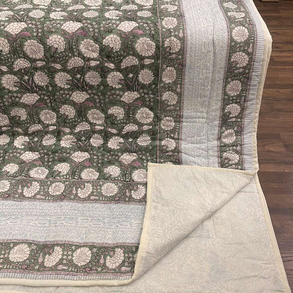 Cream & Golden Yellow Rust Jaipur Indian hand block print floral quilted comforter | Jaipur Indian hand block print cotton muslin quilted comforter | Sanganer floral block print bedding | Queen King size quilt India | House of Avana [[SKU:HOA-COM-GYRU-023]]