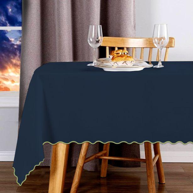 Scallop Embroidery Sateen Cotton Solid Table Cloth - Navy PushpLinen
