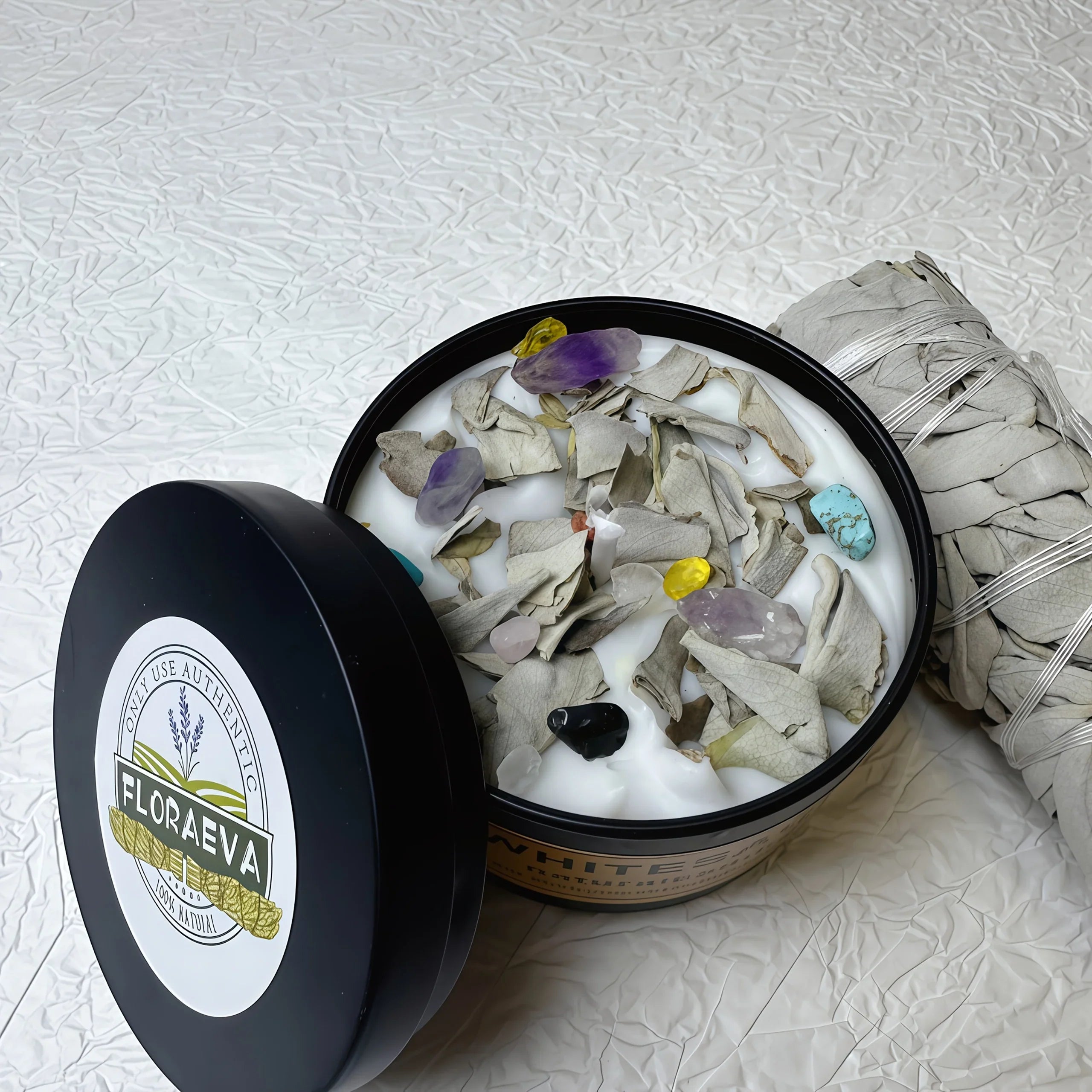 Sage green soy wax candles in crystal clear glass jars with dried botanicals, 12+ hour burn time - House of Avana