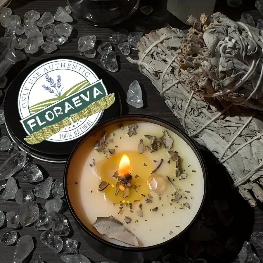 Sage green soy wax candles in crystal clear glass jars with dried botanicals, 12+ hour burn time - House of Avana