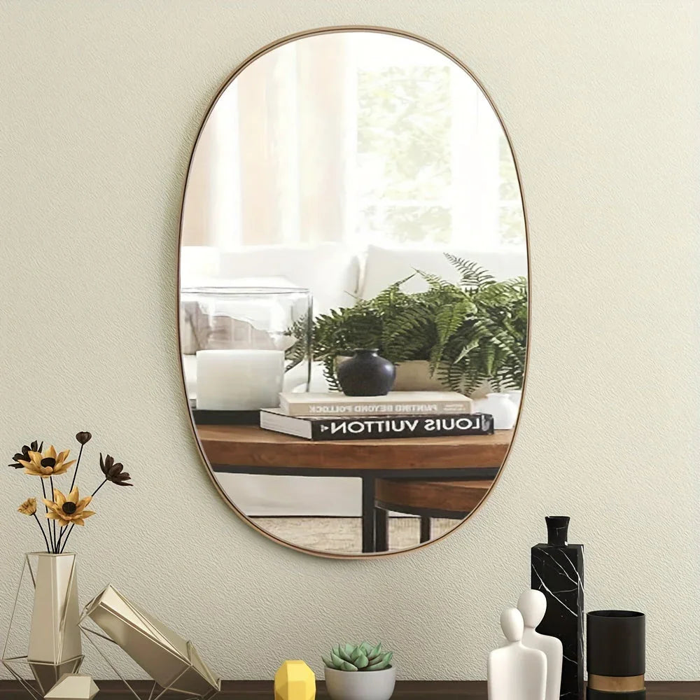 Oval Bathroom Mirror, Ordinary Silvery Mirror + Iron Art + Sand Black, 4.0 Silvery Mirror Edge Grinding + Black High Quality Film on the Back, Transparent Protective Film on the Front, Iron Art Sandblasted Black on the Border House Of Avana
