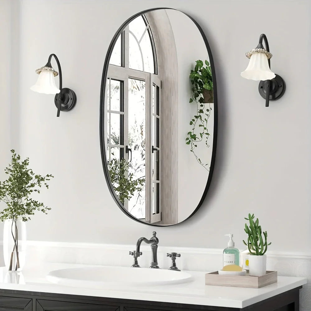 Oval Bathroom Mirror, Ordinary Silvery Mirror + Iron Art + Sand Black, 4.0 Silvery Mirror Edge Grinding + Black High Quality Film on the Back, Transparent Protective Film on the Front, Iron Art Sandblasted Black on the Border House Of Avana