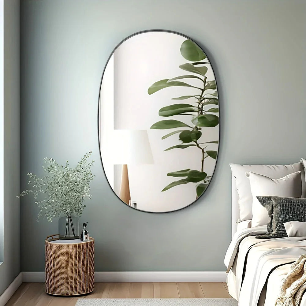 Oval Bathroom Mirror, Ordinary Silvery Mirror + Iron Art + Sand Black, 4.0 Silvery Mirror Edge Grinding + Black High Quality Film on the Back, Transparent Protective Film on the Front, Iron Art Sandblasted Black on the Border House Of Avana