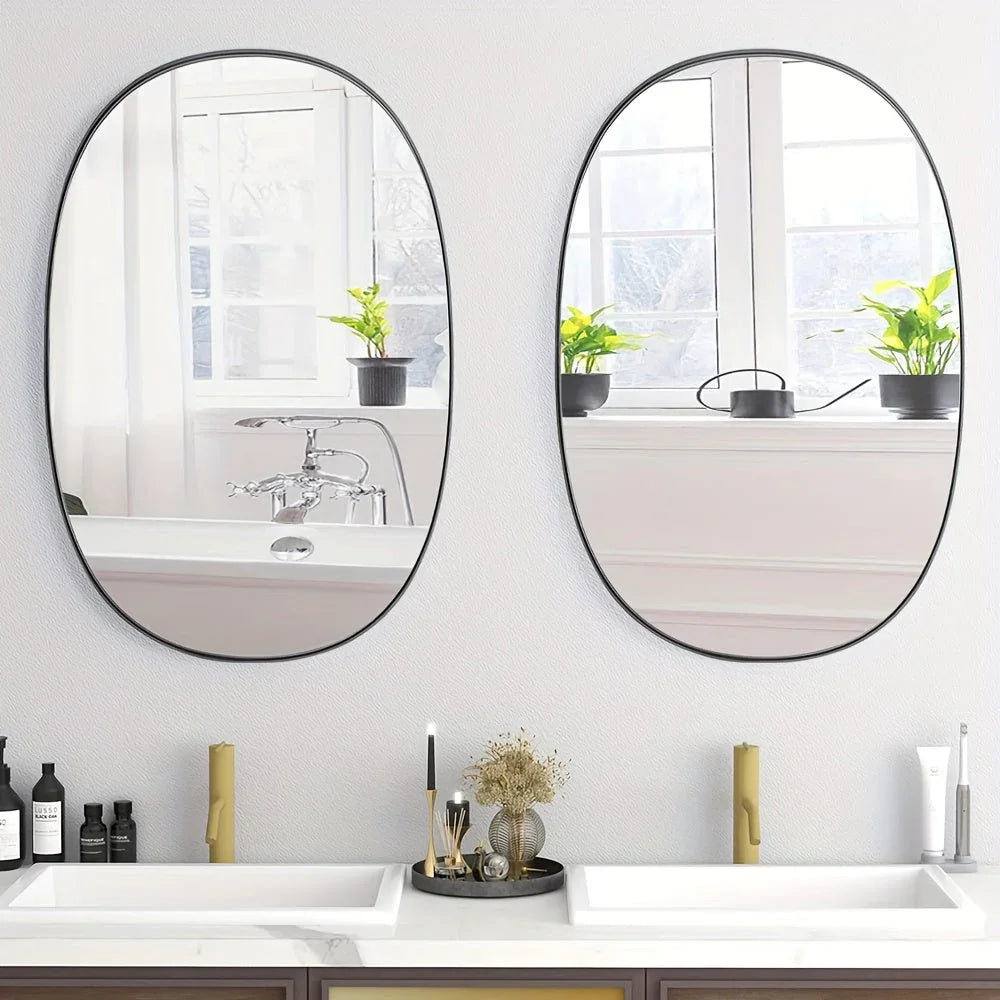 Oval Bathroom Mirror, Ordinary Silvery Mirror + Iron Art + Sand Black, 4.0 Silvery Mirror Edge Grinding + Black High Quality Film on the Back, Transparent Protective Film on the Front, Iron Art Sandblasted Black on the Border House Of Avana