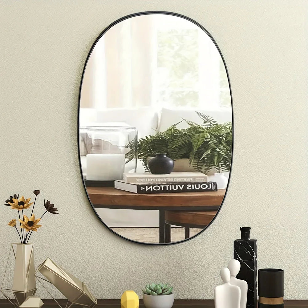 Oval Bathroom Mirror, Ordinary Silvery Mirror + Iron Art + Sand Black, 4.0 Silvery Mirror Edge Grinding + Black High Quality Film on the Back, Transparent Protective Film on the Front, Iron Art Sandblasted Black on the Border House Of Avana