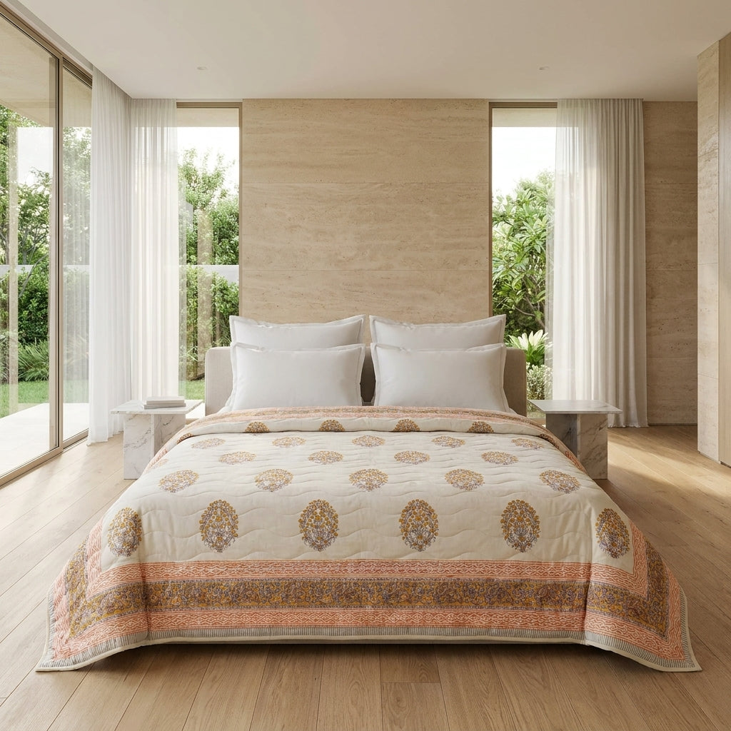 Cream & Sage Green Rose Pink Jaipur Indian hand block print floral quilted comforter | Jaipur Indian hand block print cotton muslin quilted comforter | Sanganer floral block print bedding | Queen King size quilt India | House of Avana