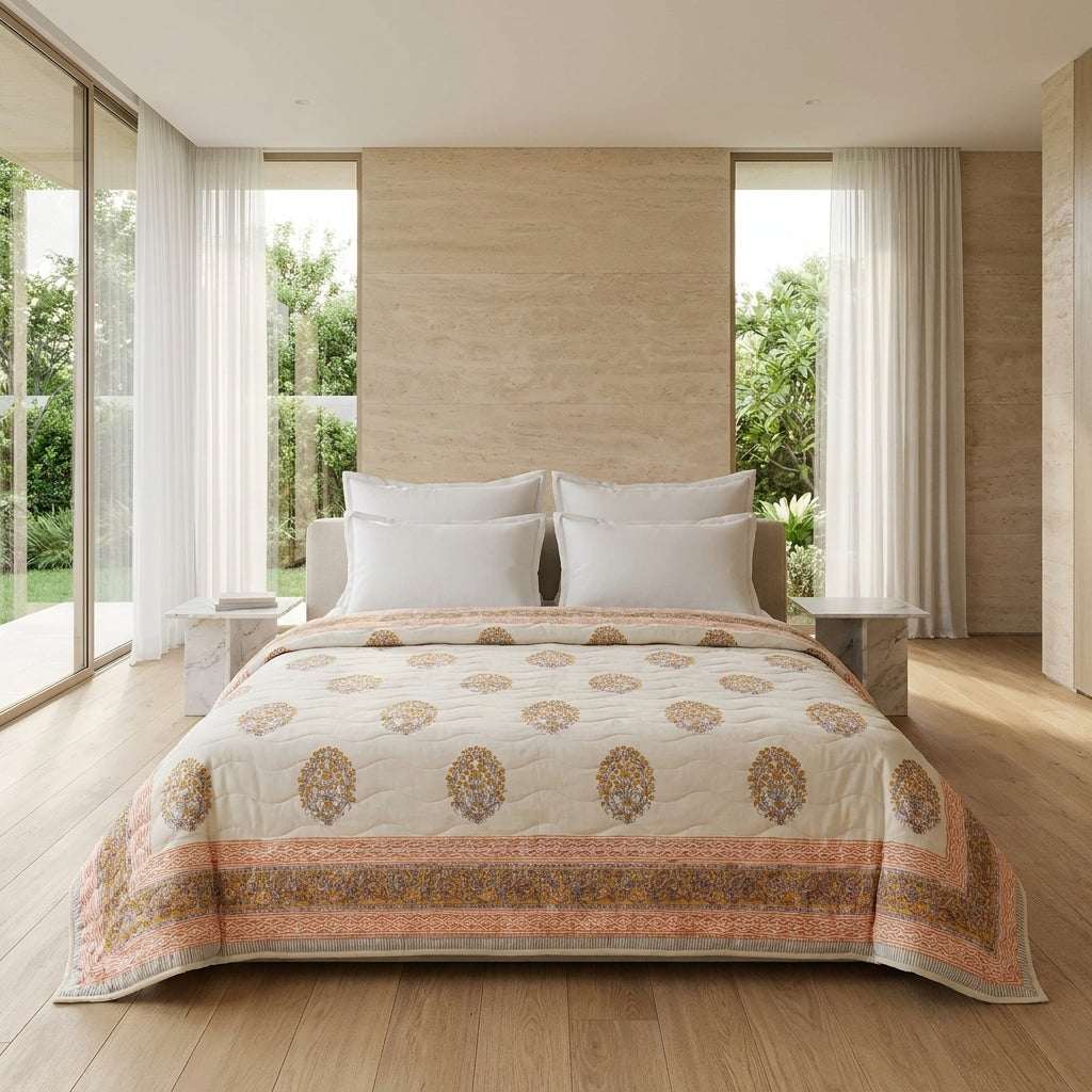 Cream & Sage Green Rose Pink Jaipur Indian hand block print floral quilted comforter | Jaipur Indian hand block print cotton muslin quilted comforter | Sanganer floral block print bedding | Queen King size quilt India | House of Avana [[SKU:HOA-COM-SGPK-024-K]]