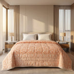 Peach & Cream Jaipur Indian hand block print floral quilted comforter | Jaipur Indian hand block print cotton muslin quilted comforter | Sanganer floral block print bedding | Queen King size quilt India | House of Avana
