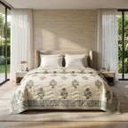 Cream & Dusty Blue Jaipur Indian hand block print floral quilted comforter | Jaipur Indian hand block print cotton muslin quilted comforter | Sanganer floral block print bedding | Queen King size quilt India | House of Avana