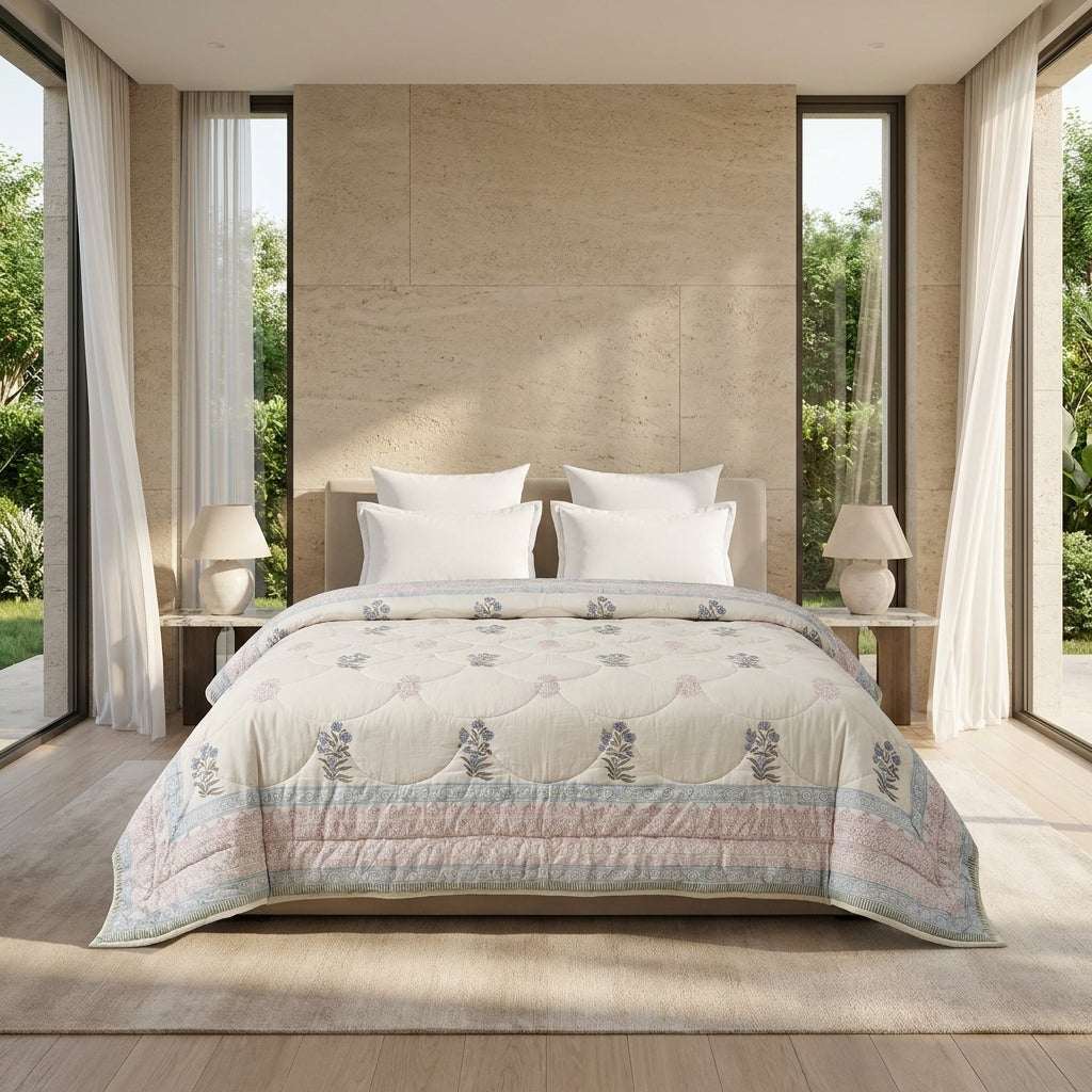 Cream & Burgundy Slate Jaipur Indian hand block print floral quilted comforter | Jaipur Indian hand block print cotton muslin quilted comforter | Sanganer floral block print bedding | Queen King size quilt India | House of Avana [[SKU:HOA-COM-BGSL-027-K]]