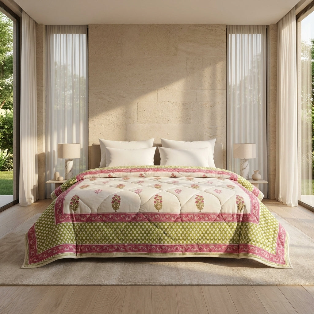 Cream & Deep Rose Jaipur Indian hand block print floral quilted comforter | Jaipur Indian hand block print cotton muslin quilted comforter | Sanganer floral block print bedding | Queen King size quilt India | House of Avana