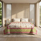 Cream & Deep Rose Jaipur Indian hand block print floral quilted comforter | Jaipur Indian hand block print cotton muslin quilted comforter | Sanganer floral block print bedding | Queen King size quilt India | House of Avana [[SKU:HOA-COM-DROG-003]]