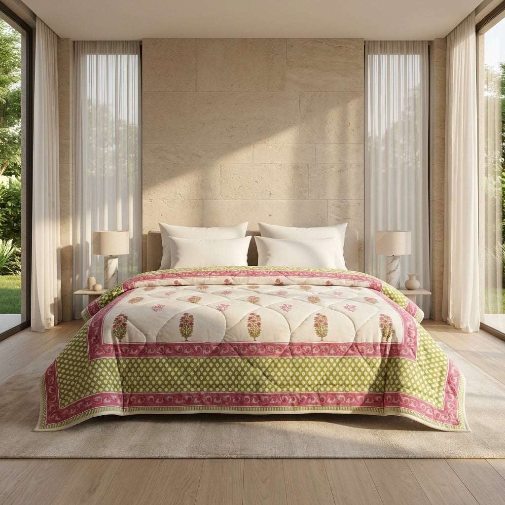 Cream & Deep Rose Jaipur Indian hand block print floral quilted comforter | Jaipur Indian hand block print cotton muslin quilted comforter | Sanganer floral block print bedding | Queen King size quilt India | House of Avana [[SKU:HOA-COM-DROG-003]]