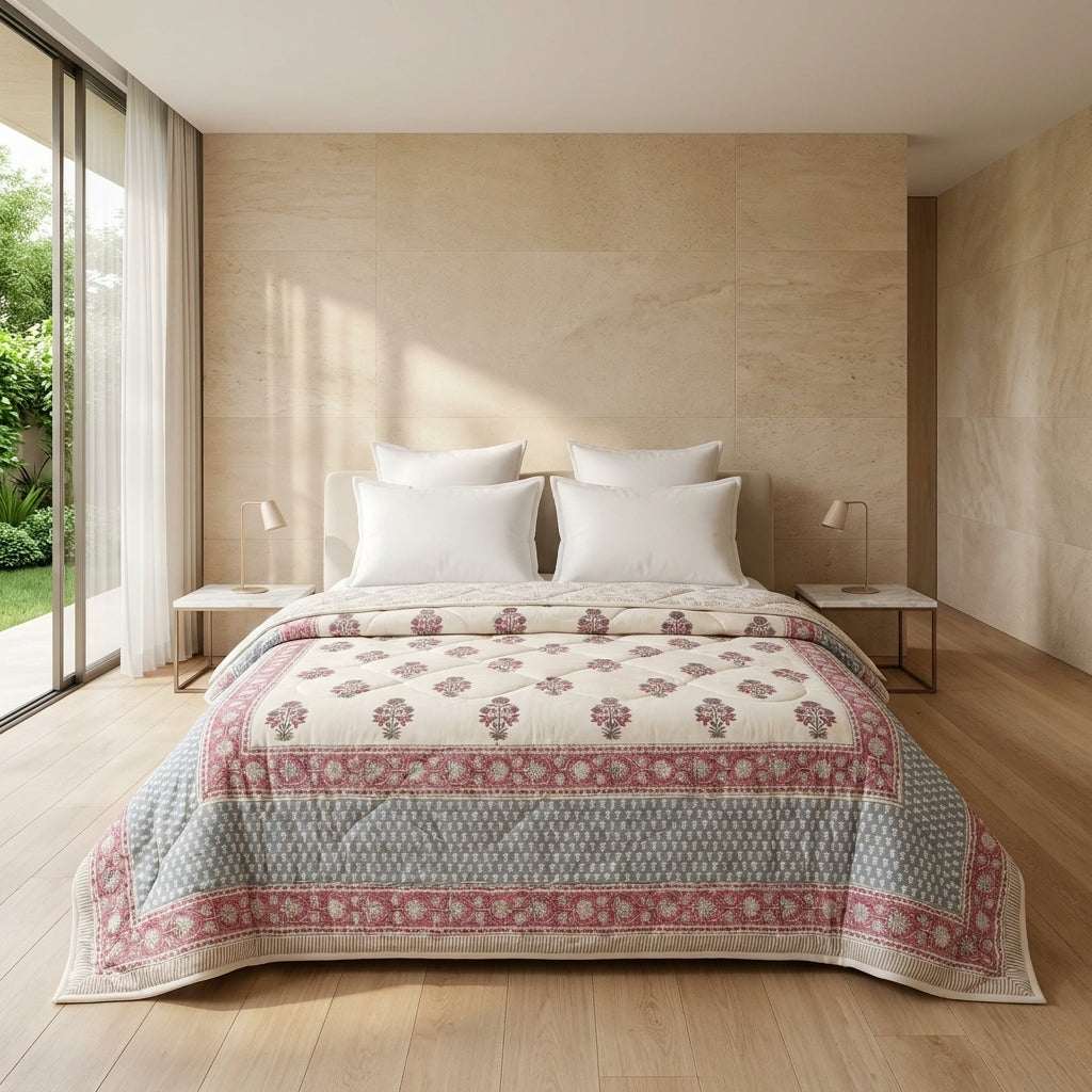 Cream & Charcoal Taupe Jaipur Indian hand block print floral quilted comforter | Jaipur Indian hand block print cotton muslin quilted comforter | Sanganer floral block print bedding | Queen King size quilt India | House of Avana [[SKU:HOA-COM-CGTP-028-K]]