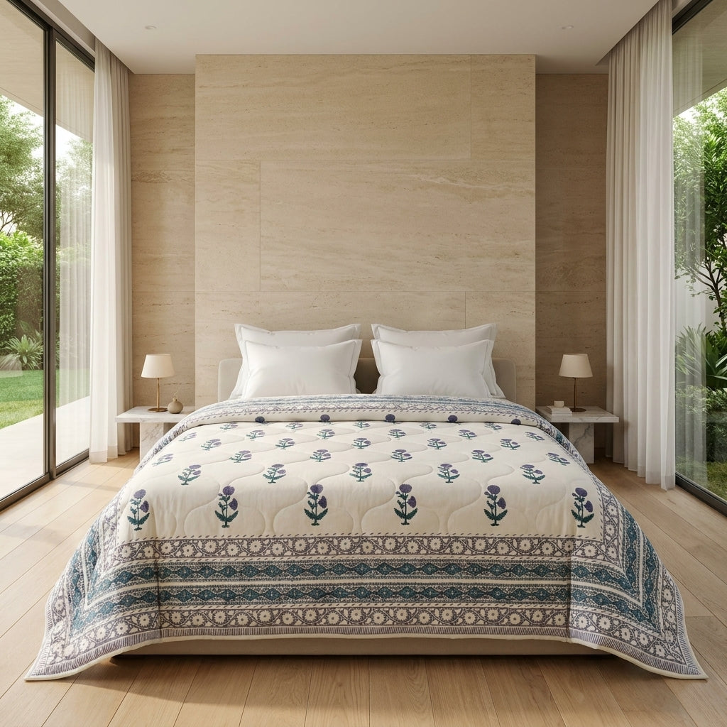 Cream & Indigo Blue Jaipur Indian hand block print floral quilted comforter | Jaipur Indian hand block print cotton muslin quilted comforter | Sanganer floral block print bedding | Queen King size quilt India | House of Avana