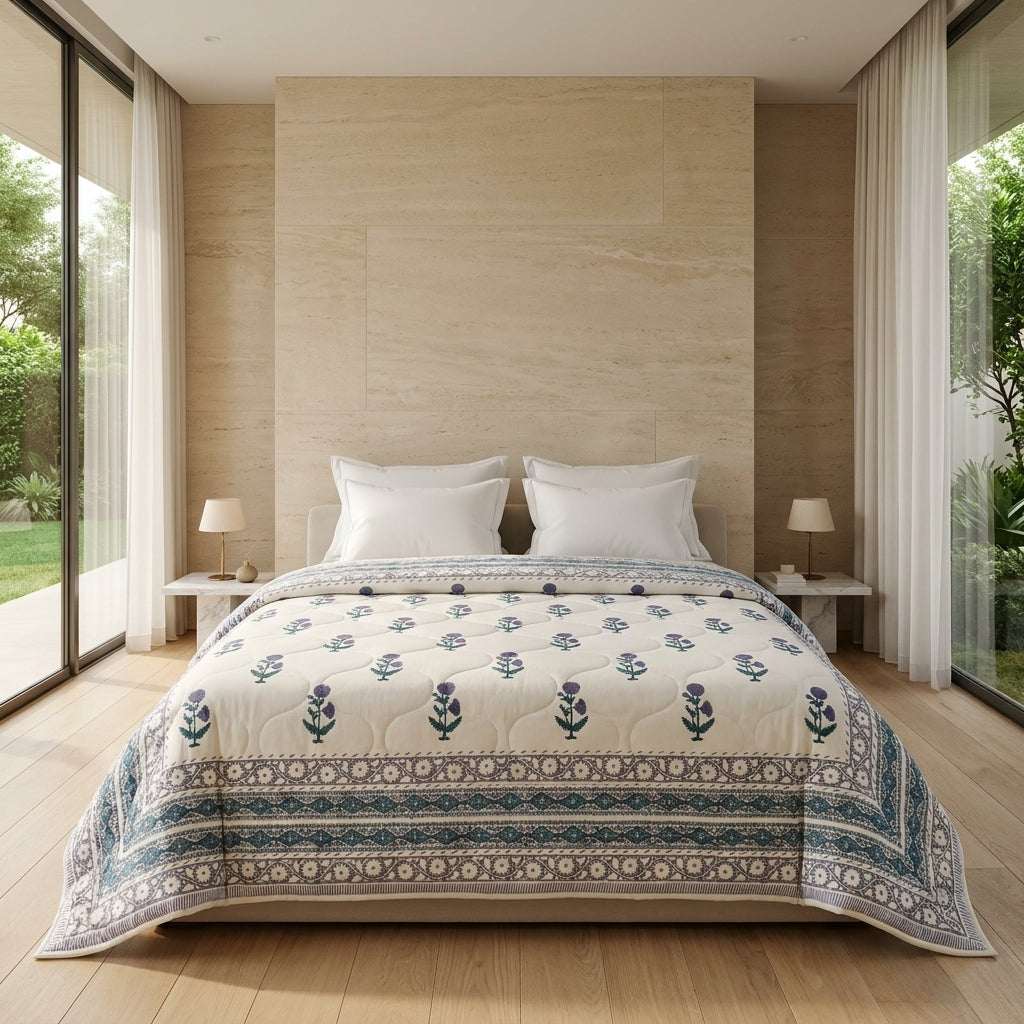 Cream & Indigo Blue Jaipur Indian hand block print floral quilted comforter | Jaipur Indian hand block print cotton muslin quilted comforter | Sanganer floral block print bedding | Queen King size quilt India | House of Avana [[SKU:HOA-COM-IBTL-002]]