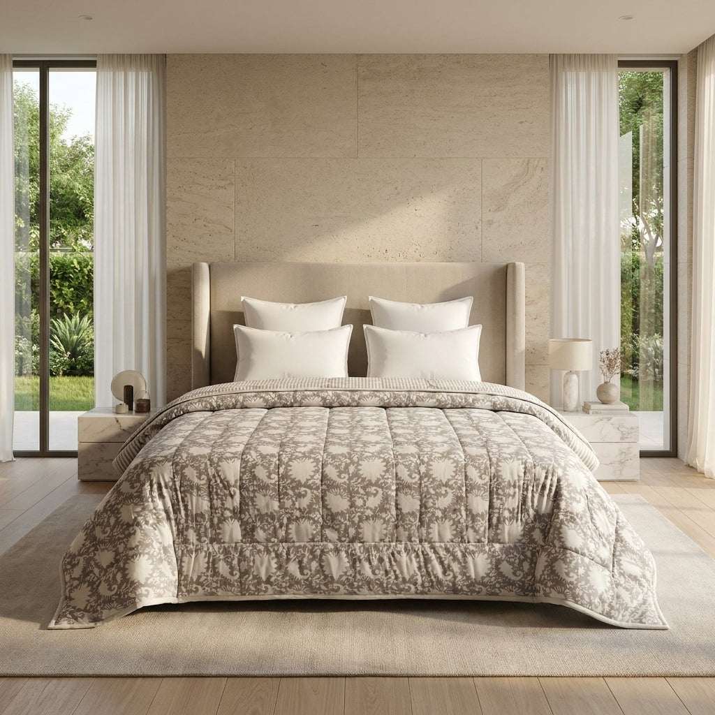 Cream & Rust Purple Jaipur Indian hand block print floral quilted comforter | Jaipur Indian hand block print cotton muslin quilted comforter | Sanganer floral block print bedding | Queen King size quilt India | House of Avana [[SKU:HOA-COM-RSPG-019]]