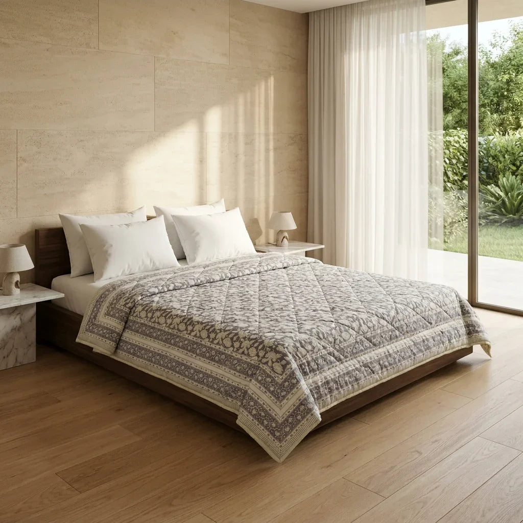 Cream & Taupe Jaipur Indian hand block print floral quilted comforter | Jaipur Indian hand block print cotton muslin quilted comforter | Sanganer floral block print bedding | Queen King size quilt India | House of Avana